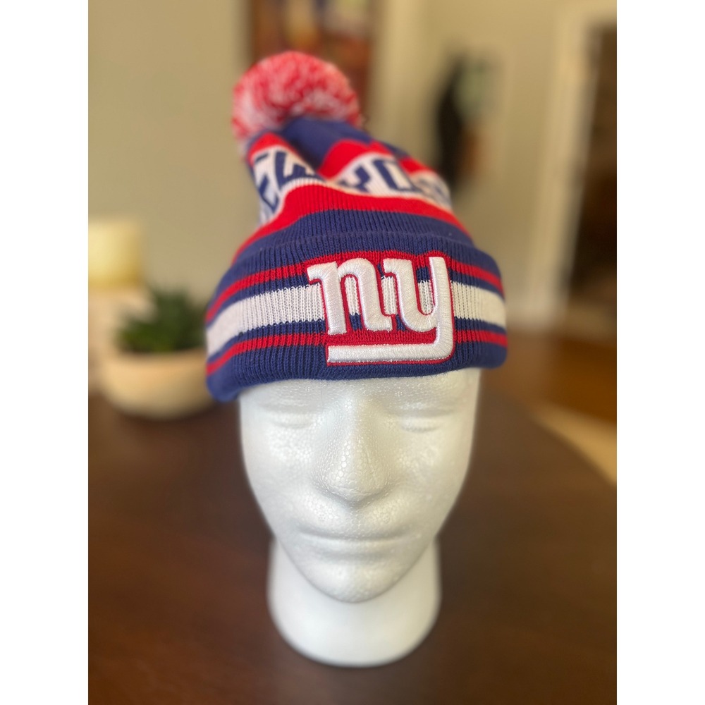 New Era NY Giants Beanie Hat Mens OSFM Blue Excellent Cuffed Pom Pom NFL Cap